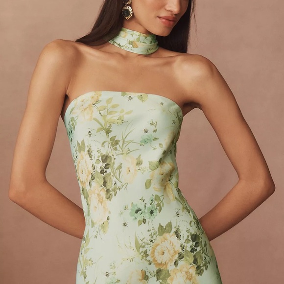 Anthropologie Strapless Floral Dress in Mint Green and Yellow - Picture 2 of 4